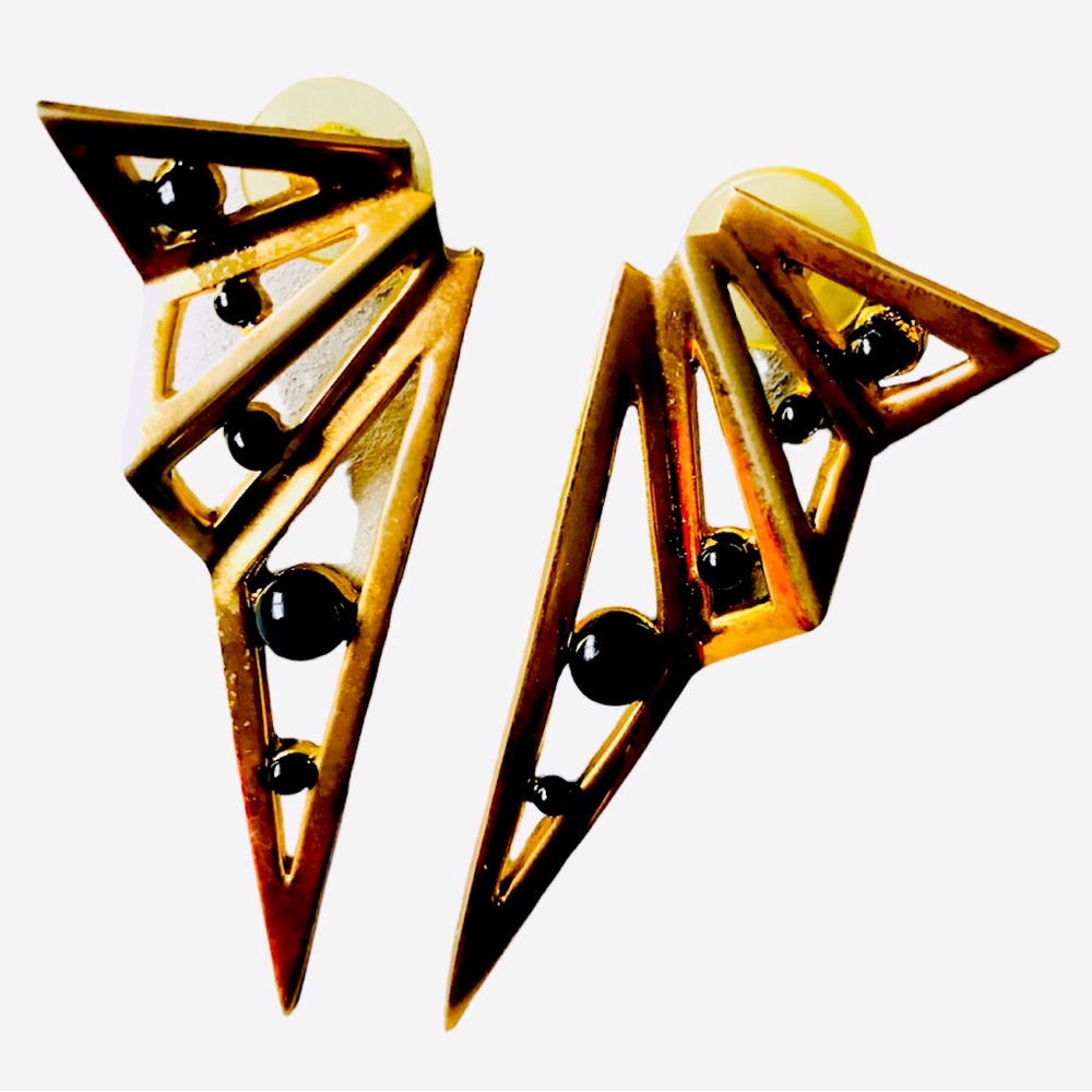 Vintage MCM Costume Gold Tone & Black Triangle Geometric Shape Post Earrings